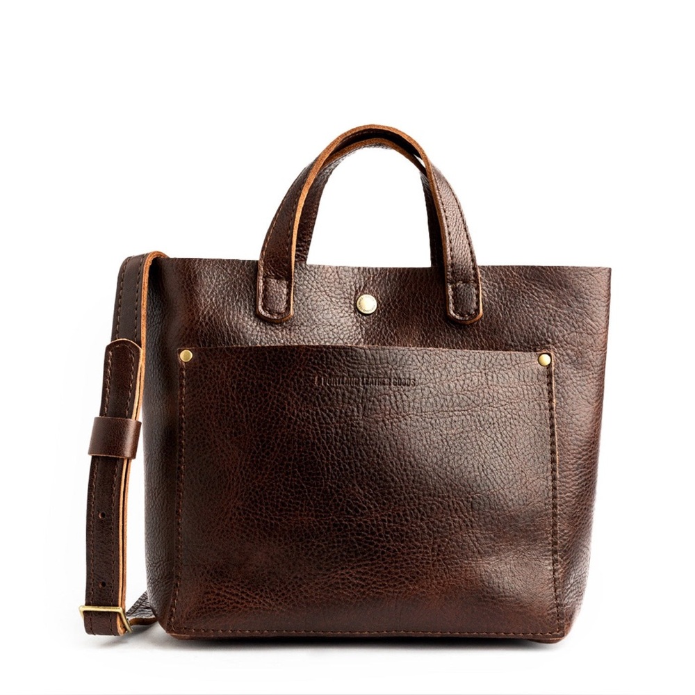 Almost Perfect Portland Leather mini crossbody tote in coldbrew